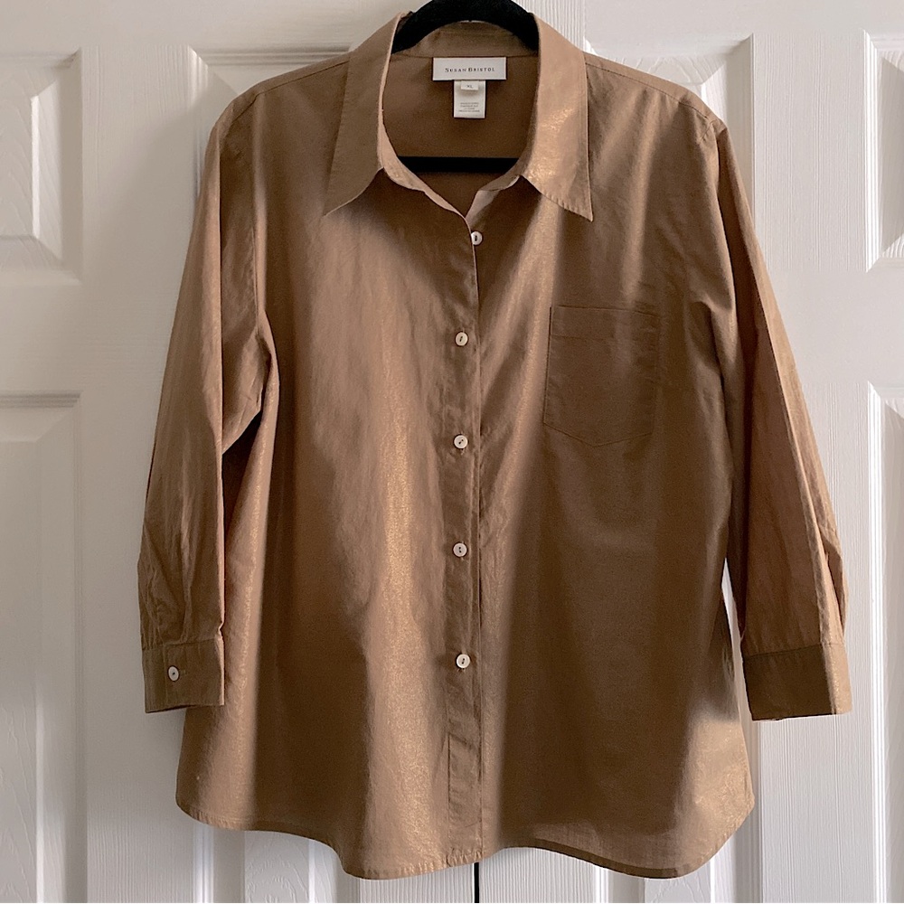 SUSAN BRISTOL SHIMMERY COTTON BUTTON DOWN BLOUSE TOP Dark Camel XL